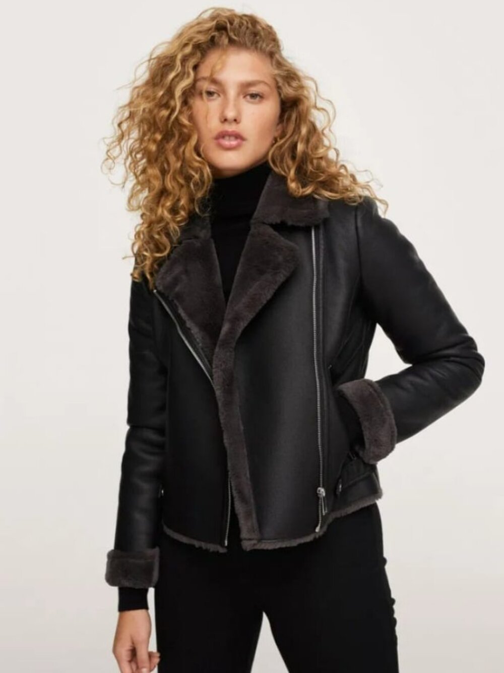 Mango Black Faux Leather Zipped Jacket Size Small (S)